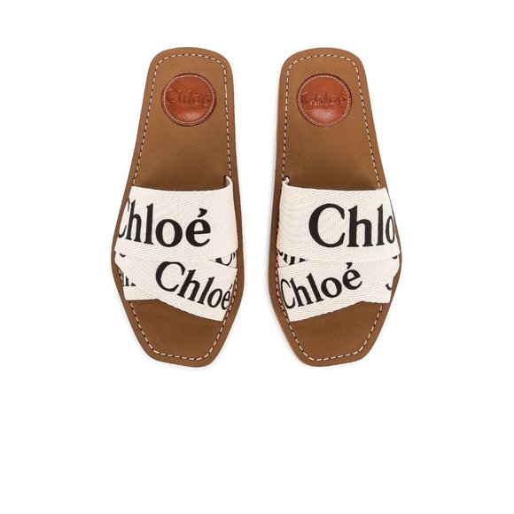 Chloe Shoes - Chloé Brown Leather Slide Sandals with Cream Logo Straps